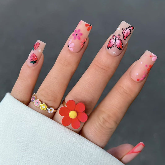 Strawberry Smile Medium Square Red Cartoon Press On Nails