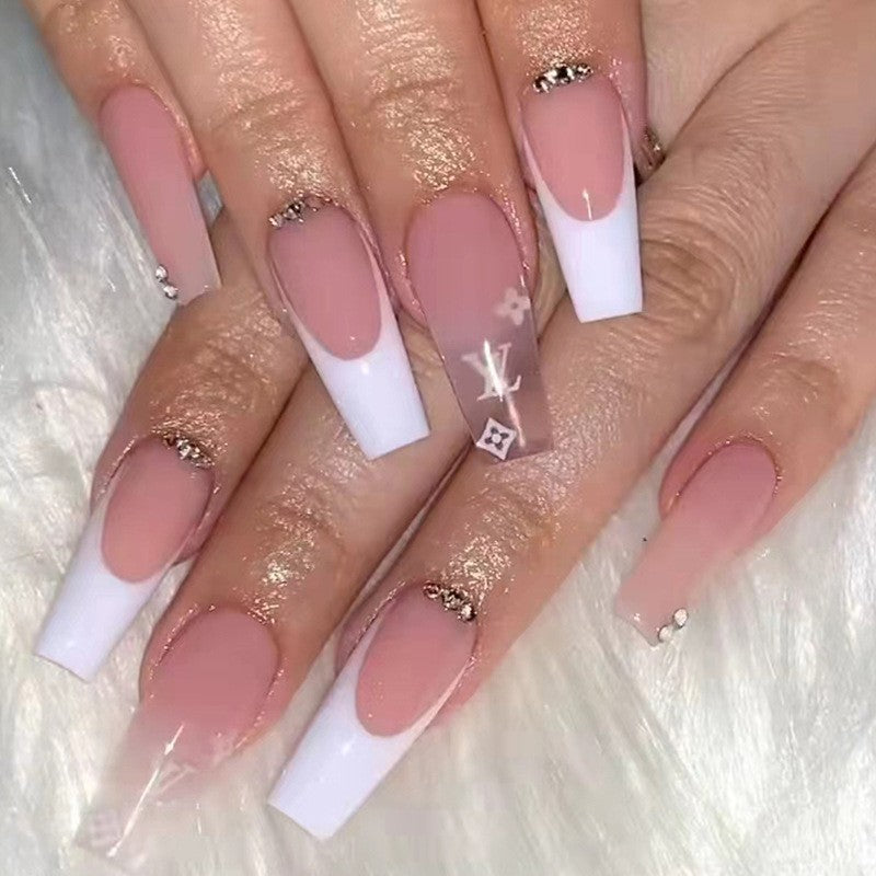 Designer Chic Extra Long Coffin Pink and White Ombre Press On Nails with Glitter Accents and Logo Detail