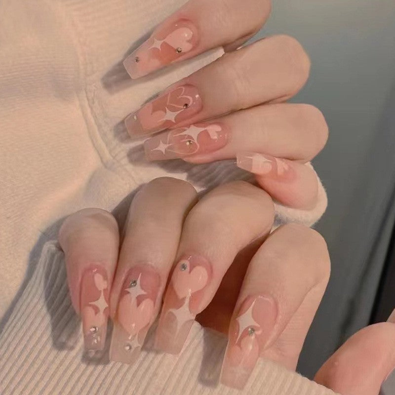 Love Whispers Long Coffin Beige Press On Nails with Pink Hearts and Rhinestone Accents