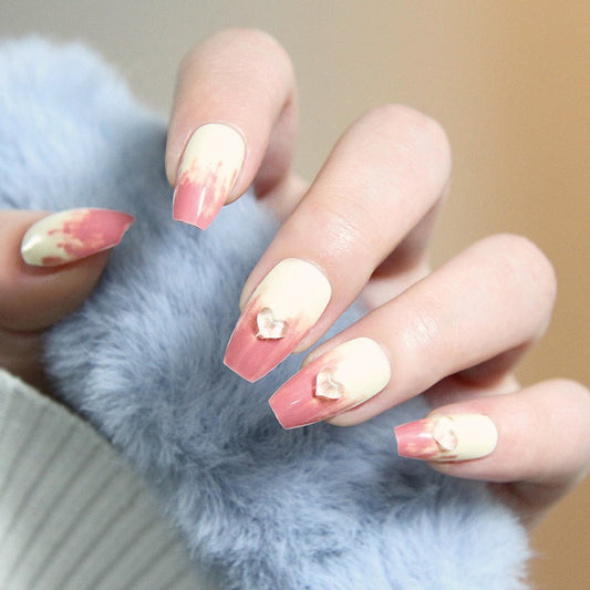 Autumn Sunset Medium Coffin Beige Press On Nails with Red Ombre Effect and Gold Foil Accents