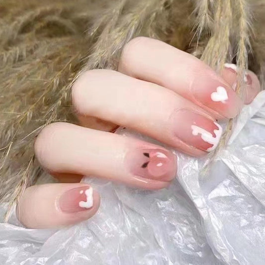 Sweetheart Soft Short Square Beige Press On Nails with White Heart and Paw Print Designs