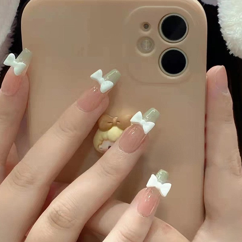 Charming Daydream Long Coffin Beige Press On Nails with White Bow Accents