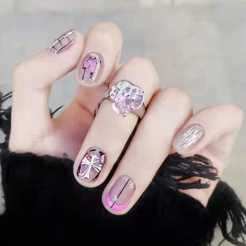 Rockstar Glam Short Round Purple Press On Nails with Metallic Accents and Oversized Gemstones