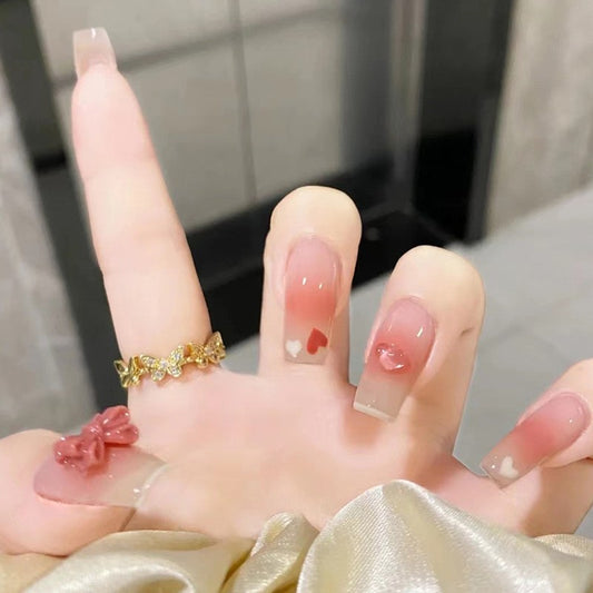 Cupid's Touch Long Coffin Beige Press On Nails with Pink Ombre and Heart Accents