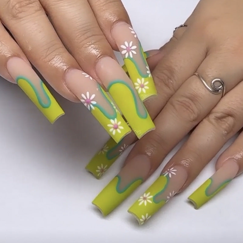 Bikini Bottom Long Square Green Cute Press On Nails
