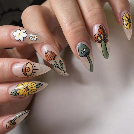 Picking Mushrooms Medium Stiletto Multicolor Cartoon Press On Nails
