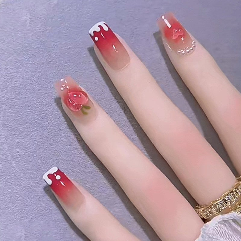 Romantic Red Long Square Ombre Press On Nails with White Cloud Accents and Floral Art