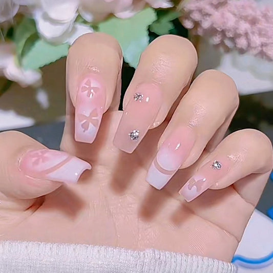 Spring Blossom Long Coffin Pink Press On Nails with Floral Art and Crystal Embellishments