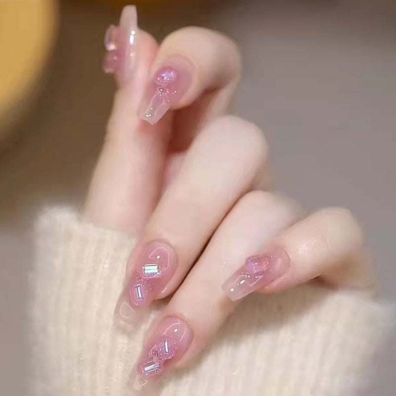 Enchanted Evening Long Coffin Pink Glitter Press On Nails with Bejeweled Hearts and Chic Bead Accents