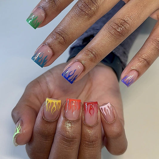 Friendly Fire Short Square Multicolor Flames Press On Nails