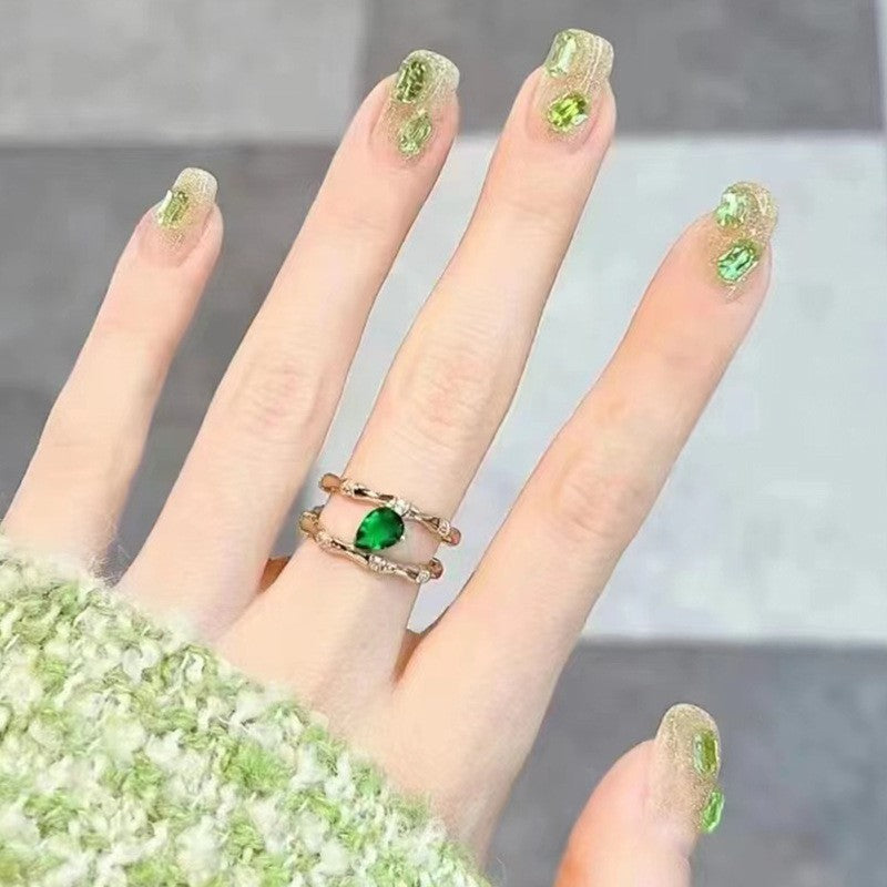 Enchanted Forest Long Square Olive Green Glitter Press On Nail Set