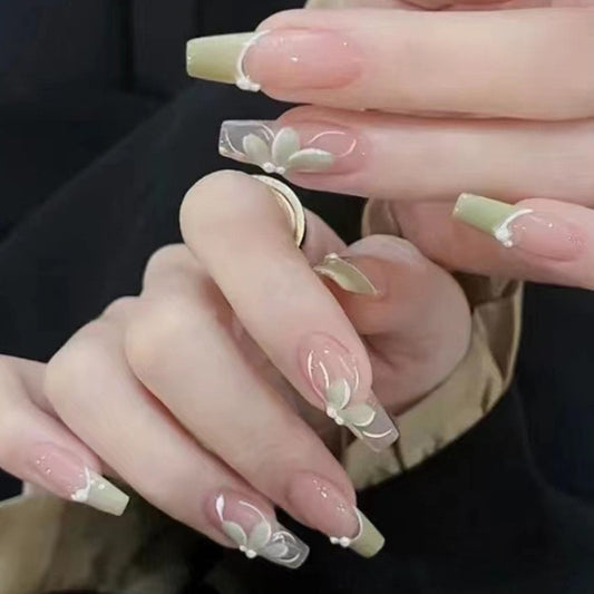 Spring Blossom Extra Long Coffin Beige with White Floral Tips Press On Nail Set