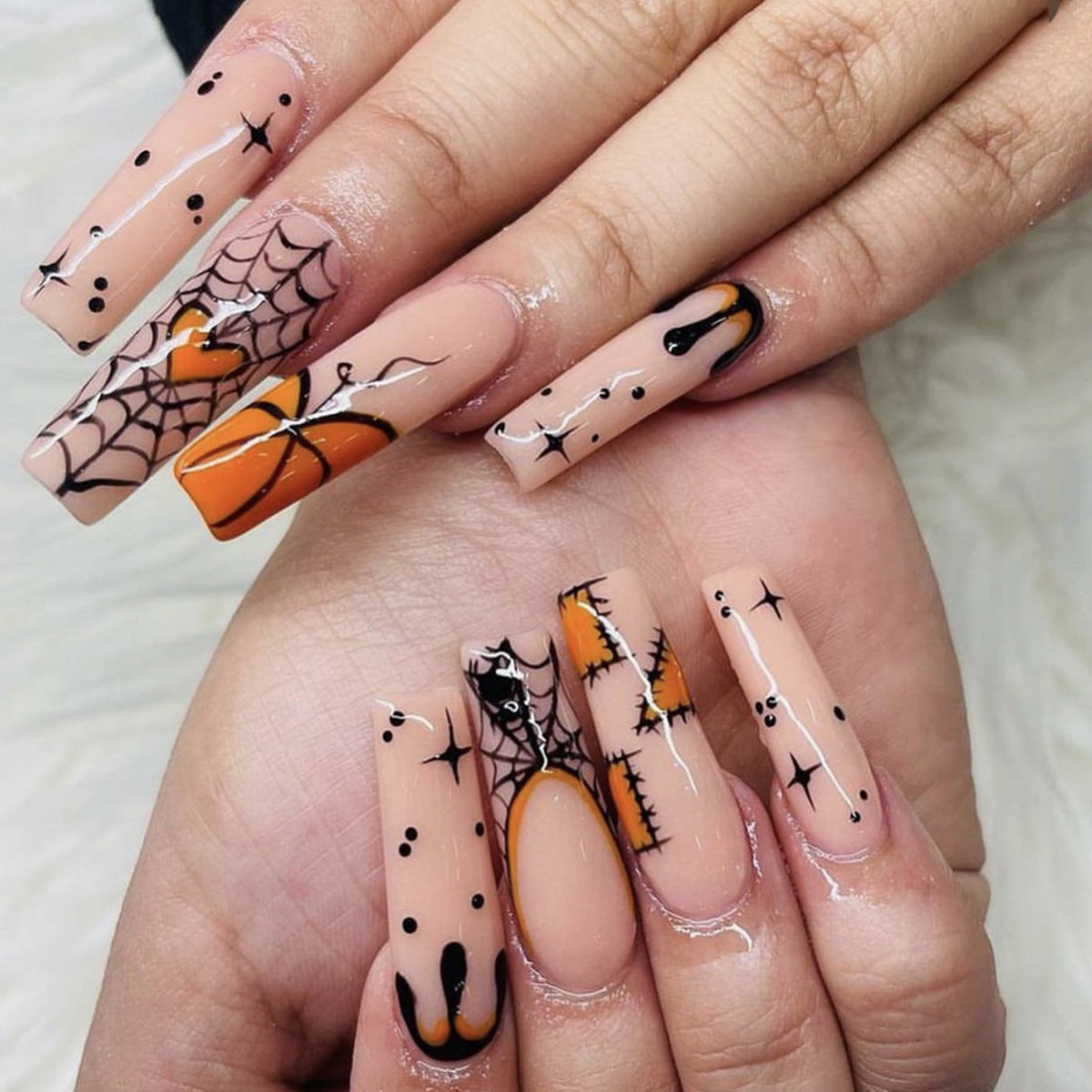Pumpkin Patch Long Coffin Orange Halloween Press On Nails