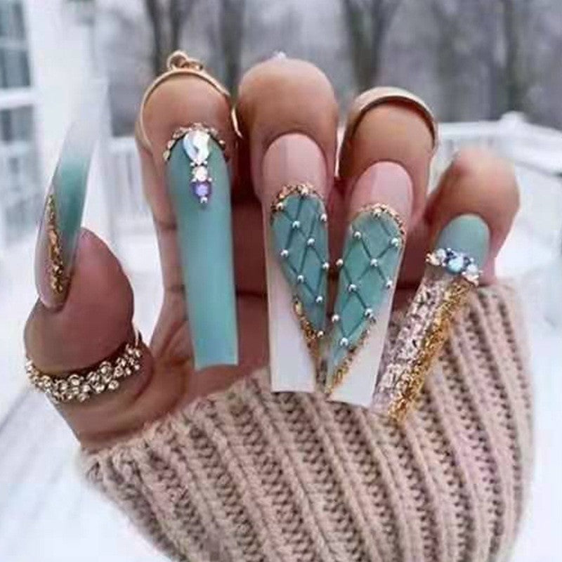 Winter Elegance Extra Long Coffin Mint and White Ombre with Rhinestone Embellishments Press On Nail Set