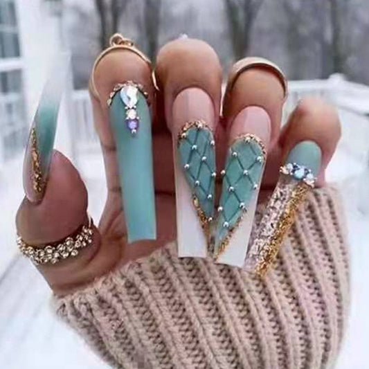 Winter Elegance Extra Long Coffin Mint and White Ombre with Rhinestone Embellishments Press On Nail Set