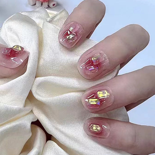 Golden Glamour Medium Length Squoval Rose Quartz with Metallic Accents Press On Nail Set