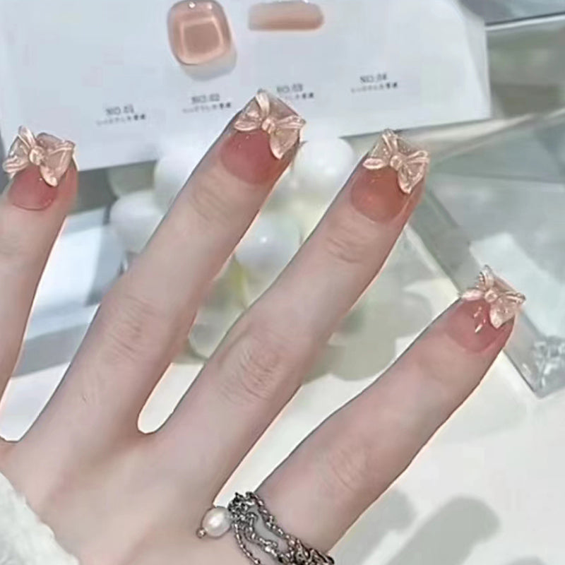 Blushing Bowtie Medium Square Peach Pink with Glitter Overlay Press On Nail Set
