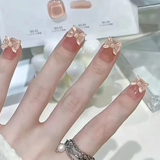 Blushing Bowtie Medium Square Peach Pink with Glitter Overlay Press On Nail Set