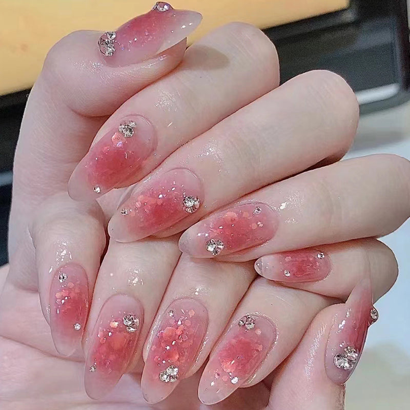 Stardust Charm Medium Oval Pink Jelly with Rhinestone Accents Press On Nail Set