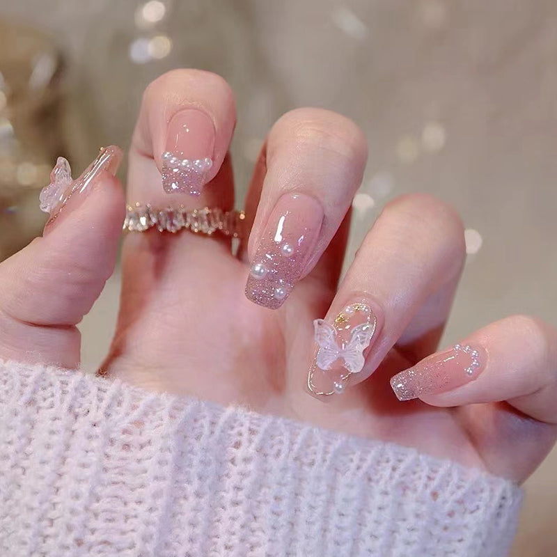 Whimsical Wonders Medium Coffin Pink Glitter with 3D Butterfly Accents Press On Nail Set
