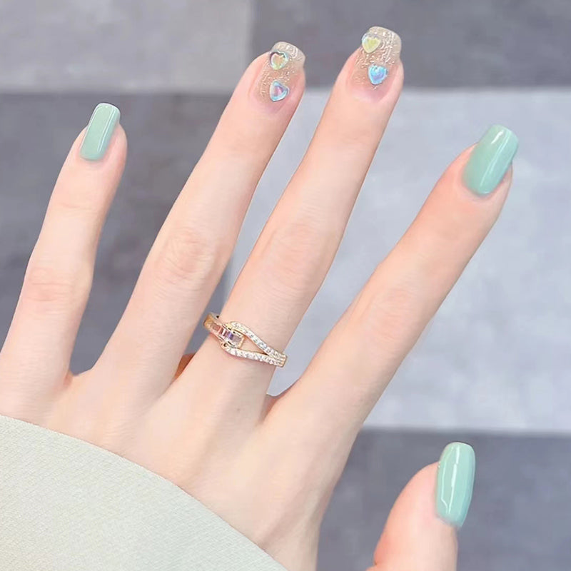 Spring Serenity Medium Length Square Soft Green and Clear Embellished Heart Press On Nails
