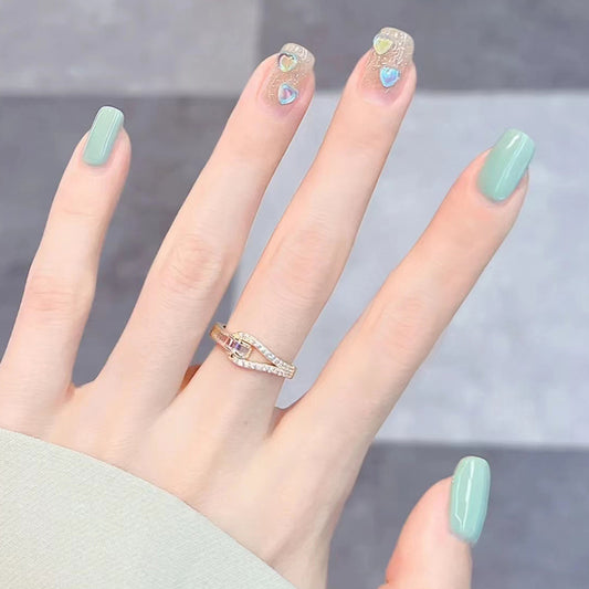 Spring Serenity Medium Length Square Soft Green and Clear Embellished Heart Press On Nails