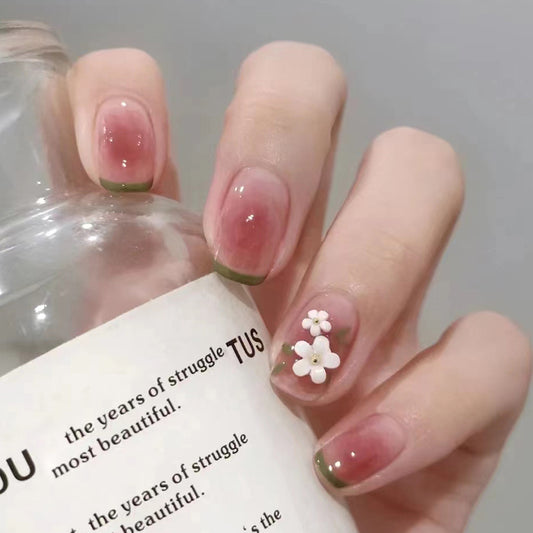 Spring Blossom Medium Square Natural Pink Press On Nails with Floral Accent