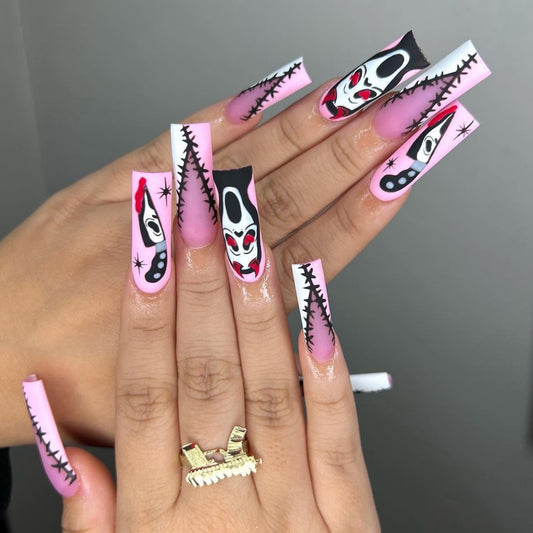 Scream Love Long Square Pink Halloween Press On Nails