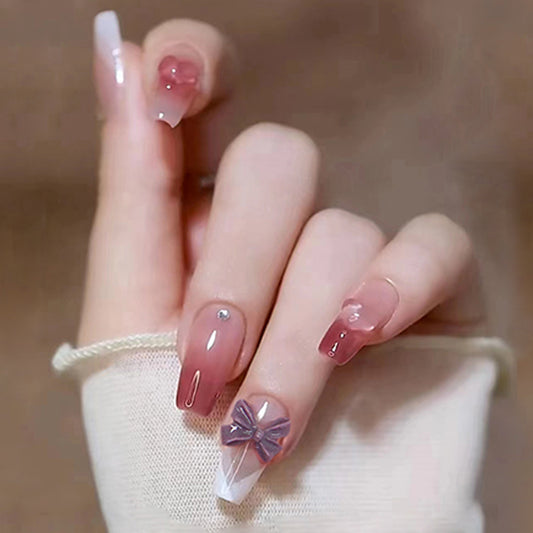 Vintage Charm Medium Coffin Mauve Press On Nails with Bow Accent and Rhinestone Detail