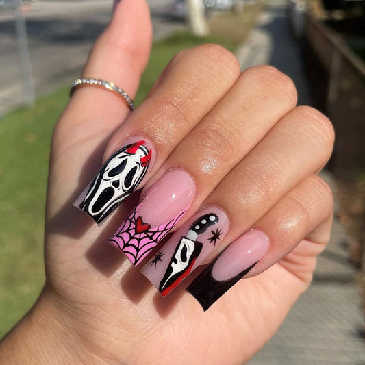 Screaming For You Medium Square Black Halloween Press On Nails