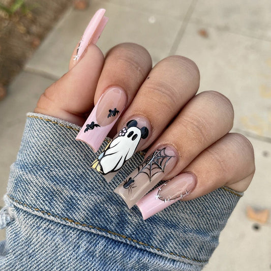 Spooky Mickey Long Square Multicolor Halloween Press On Nails