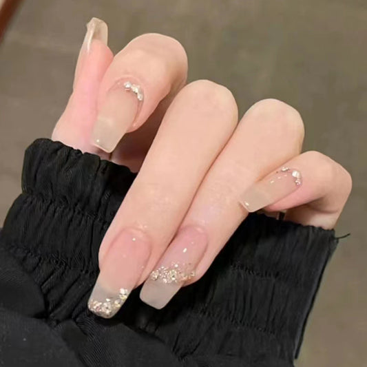 Modern Minimalist Long Coffin Beige Press-on Nails with Silver Glitter Detail