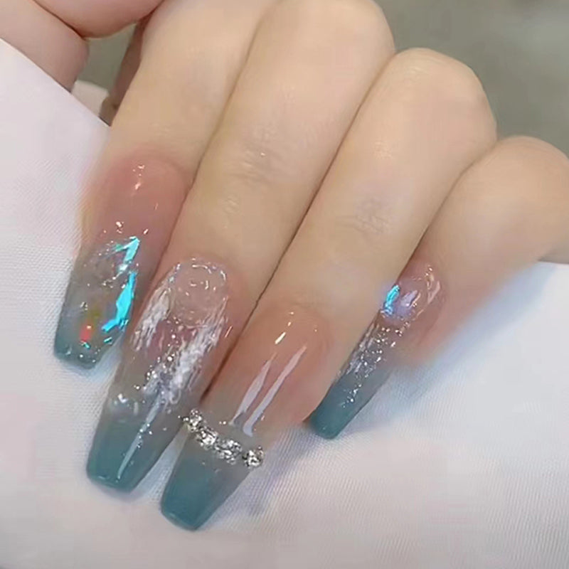 Chic Gradient Extra Long Coffin Ombre Blue Press-on Nails with Crystal Embellishments