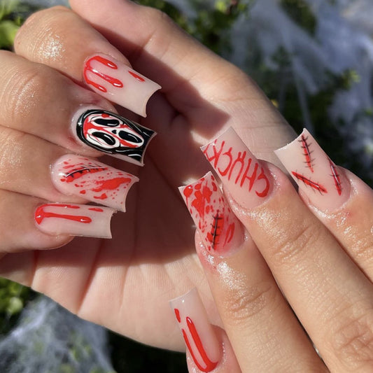 Chucky And Scream Medium Square Red Halloween Press On Nails