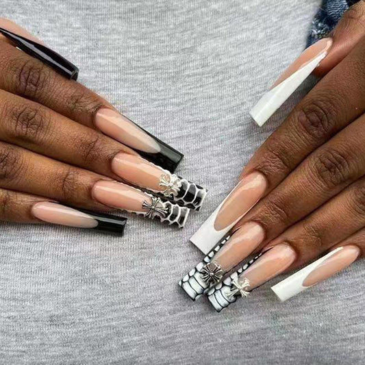 Trendsetting Long Coffin Two-tone French Tip Press-on Nails with Metallic Accents
