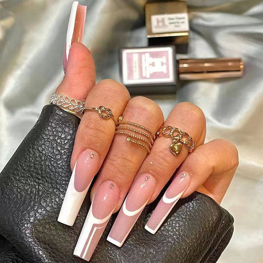 Chic Extra Long Coffin Beige and White French Tips Press-on Nails with Subtle Glitter Detail