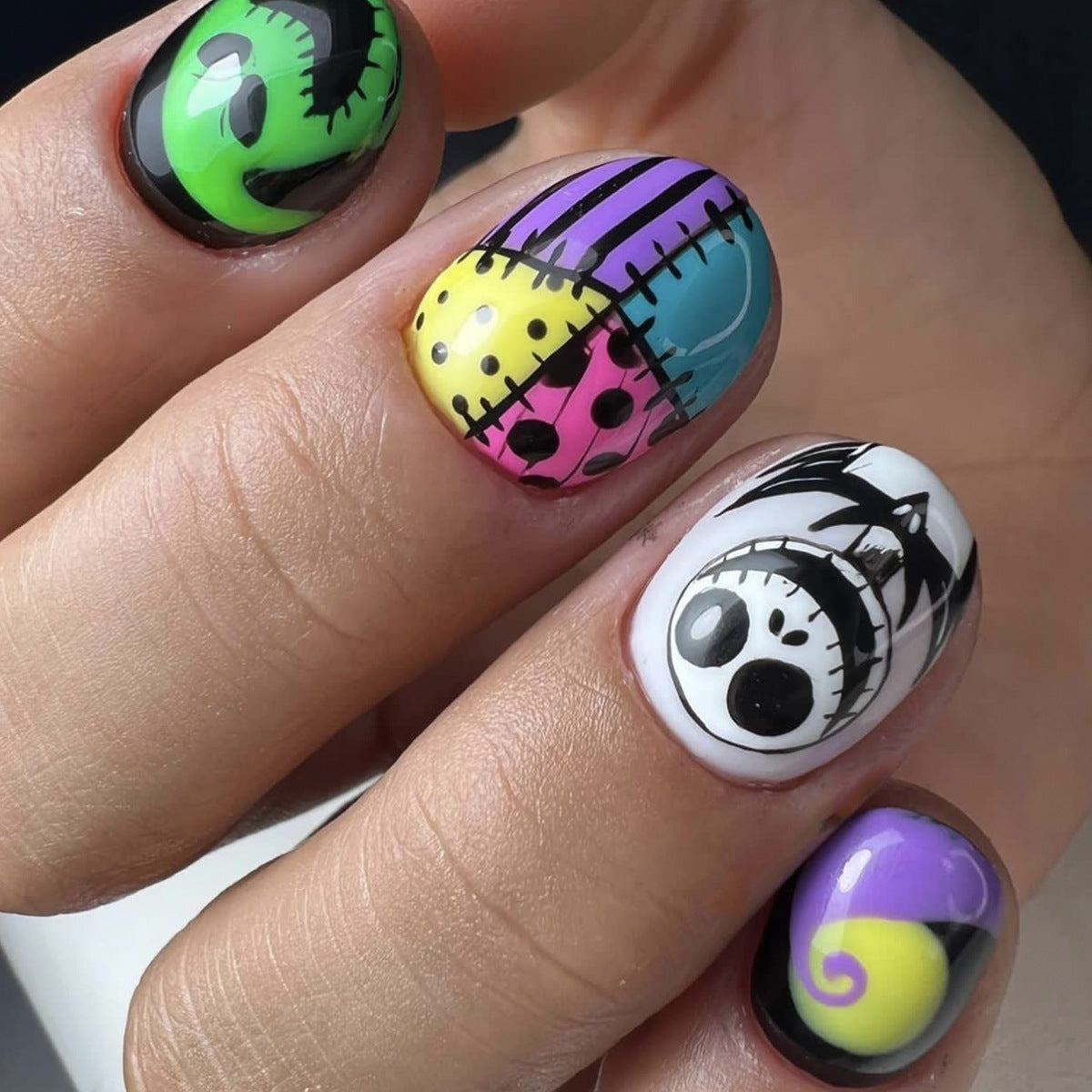Nightmare Short Round Multicolor Halloween Press On Nails