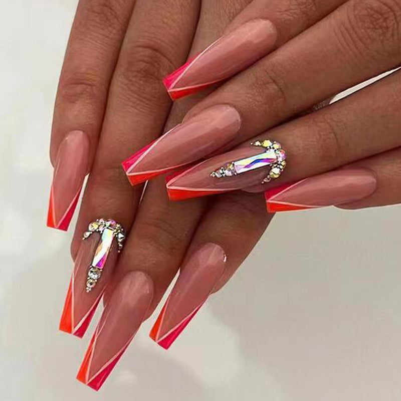 Vibrant Edge Extra Long Coffin Beige Press-on Nails with Neon Tips and Rhinestone Accents