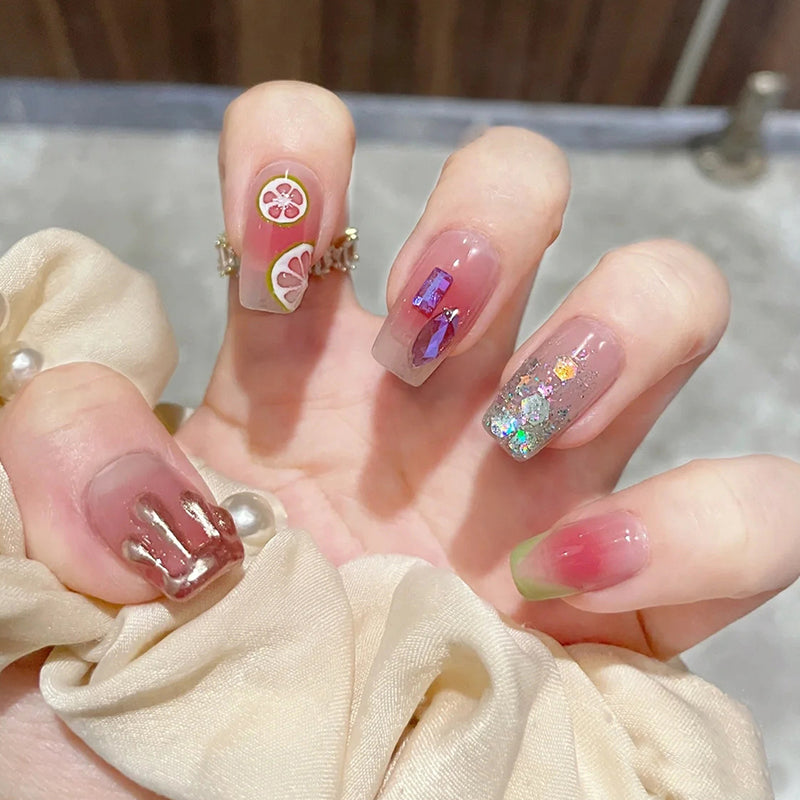 Fruit Basket Theme Long Square Pink Glittery Sparkle Press-On Nail Set with 3D Fruit Charms and Holographic Accents