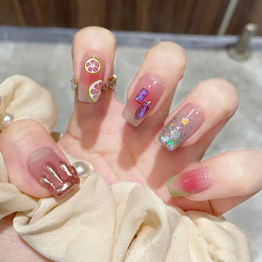 Fruit Basket Theme Long Square Pink Glittery Sparkle Press-On Nail Set with 3D Fruit Charms and Holographic Accents