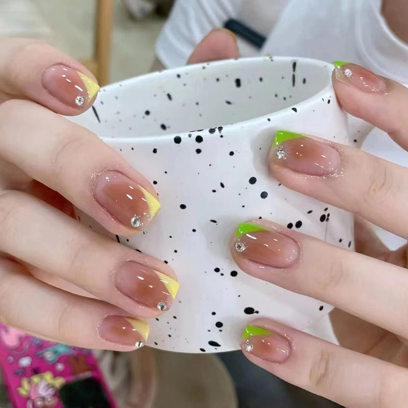 Sunshine Splash Short Square Natural Beige Press-On Nail Set with Neon Yellow Tips and Crystal Accents