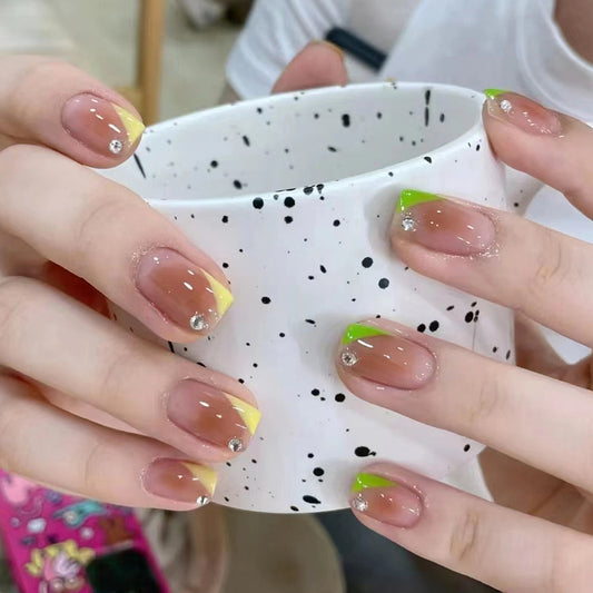 Sunshine Splash Short Square Natural Beige Press-On Nail Set with Neon Yellow Tips and Crystal Accents