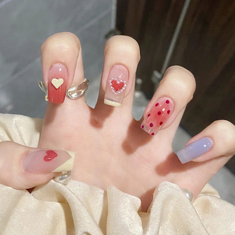 Love Story Medium Square Red and Beige Press-On Nail Set with Heart Designs and Polka Dot Patterns