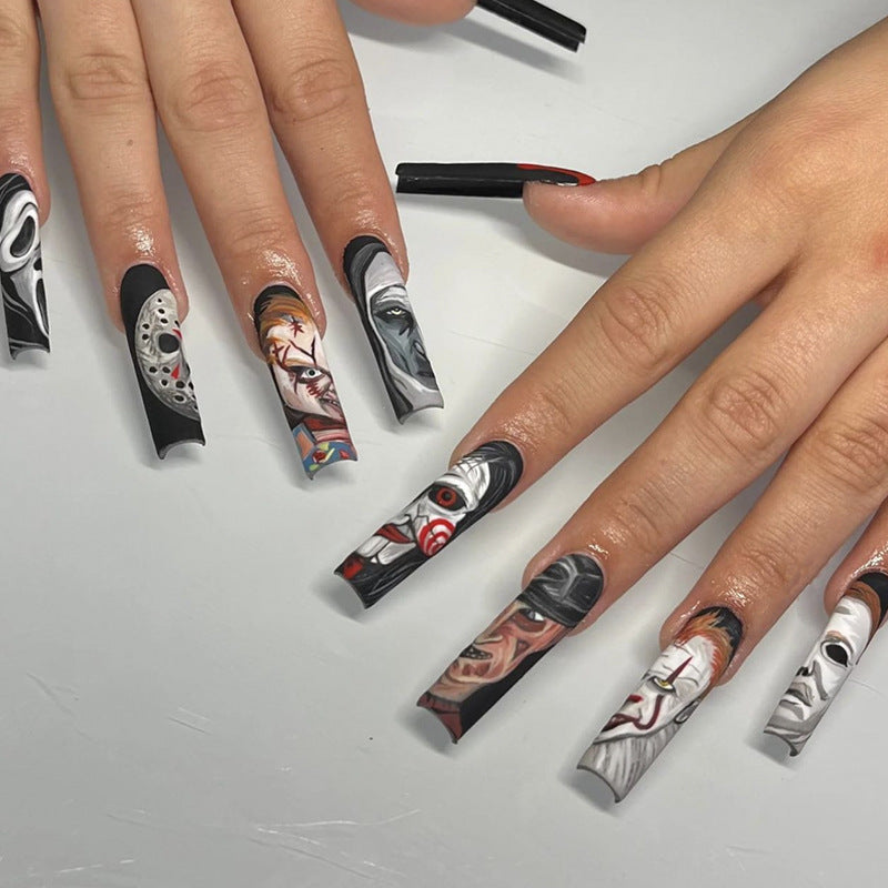 Horror Villains Long Square Gray Halloween Press On Nails