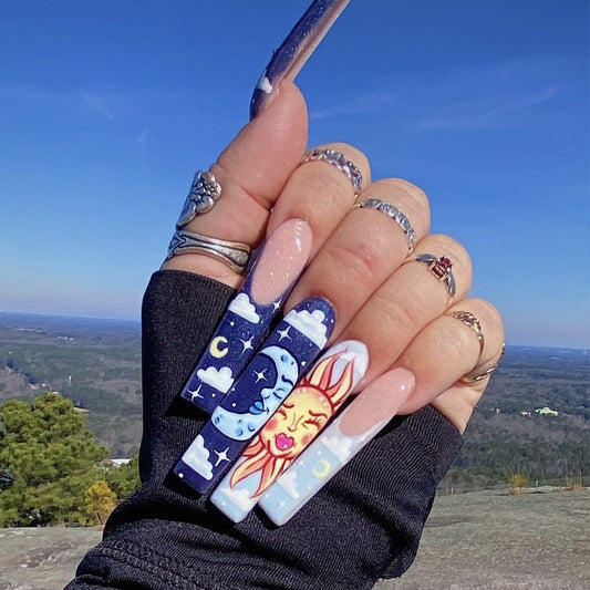 The Sun And The Moon Long Square Multicolor Cartoon Press On Nails