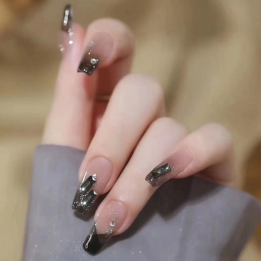 Midnight Magic Long Coffin Black Press-On Nail Set with Silver Glitter and Rhinestone Accents