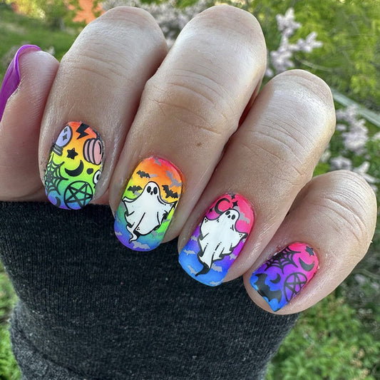 Make It A Fun Ghost Medium Squoval Multicolor Halloween Press On Nails