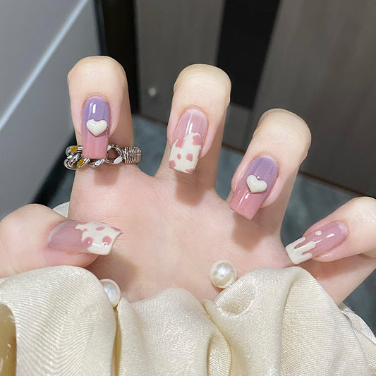 Sweetheart Pastels Medium Square Pink and Lilac Press-On Nail Set with Polka Dots and 3D Heart Accents