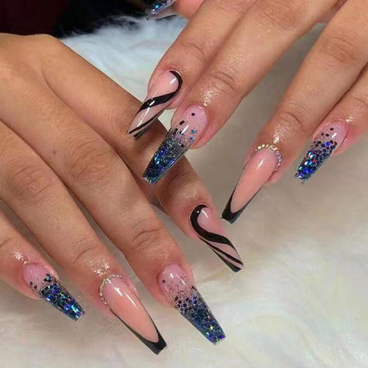 Glamorous Nightlife Extra Long Stiletto Black and Beige Press-On Nail Set with Glitter Accents and Rhinestone Embellishments