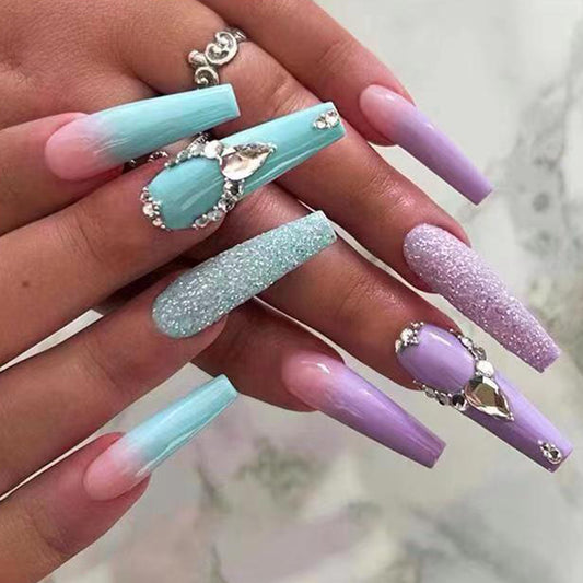 Mermaid Dreams Long Coffin Aqua and Lilac Ombre Press-On Nail Set with Glitter and Gemstone Embellishments
